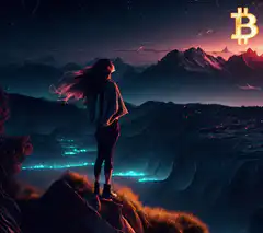 Woman overlooking mountains with Bitcoin symbol