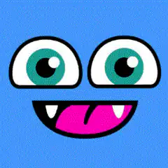Blue monster face with big eyes and pink tongue