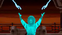 pixel art character raising arms with lightning