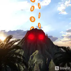 Bitcoin volcano with glowing red eyes