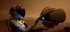 Astronaut holding a floating robot head