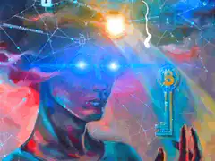 Cyberpunk woman with glowing eyes and bitcoin key