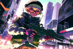 anime girl with rifle in cyberpunk city