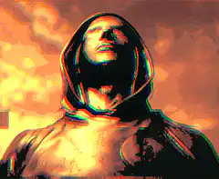 Hooded figure with glitch effect