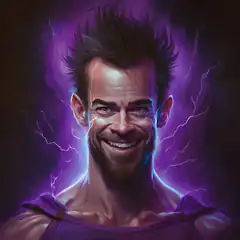 Smiling man with purple lightning aura