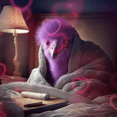 purple bird in bed with hearts