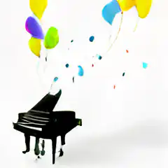 piano releasing colorful balloons