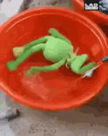 Green plush toy in red bowl