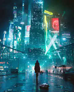 Cyberpunk cityscape with lone figure