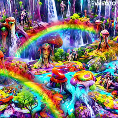 Psychedelic mushroom forest with rainbow