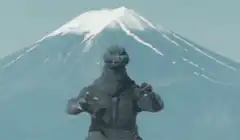 Godzilla roaring in front of Mount Fuji