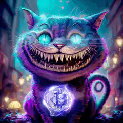 Cheshire Cat breathing fire on Bitcoin
