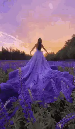 Woman in purple dress dancing in flower field