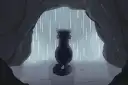 Cat silhouette in cave with rain