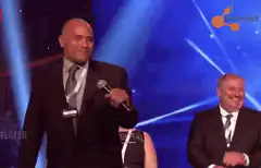 Man on stage shoots laser beams from eyes