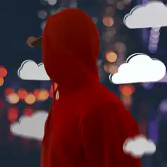 Person in red hoodie with cartoon clouds