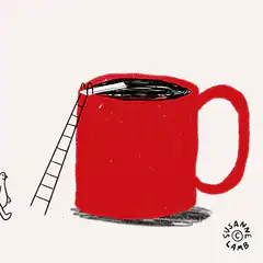 person climbs ladder into coffee mug