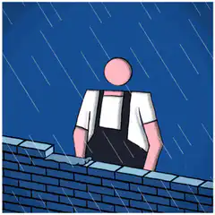Builder laying SATS brick in rain