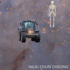 Skeleton and tractor in space