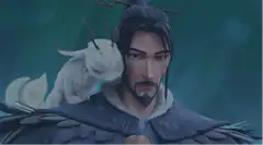Man with white creature on shoulder