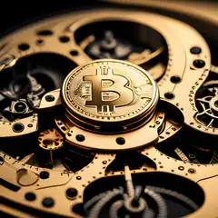 Golden Bitcoin on mechanical gears