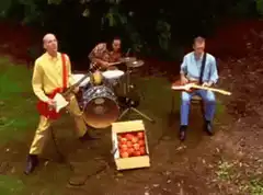 Band playing instruments made of fruit
