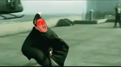 Agent Smith dodging bullets with red eyes
