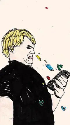 man sneezing colorful pills