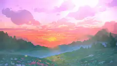 person riding purple ostrich at sunset