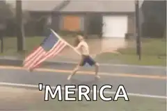 Shirtless man waving American flag in rain