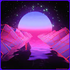 Retro synthwave landscape with person on rock