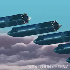 Blue missiles flying over clouds