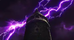 stone tower with purple lightning