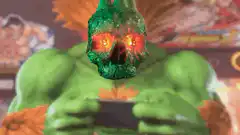 Green muscular figure with glowing Bitcoin skull
