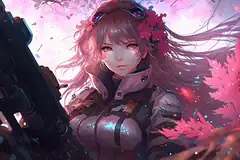 Anime girl with gun and cherry blossoms