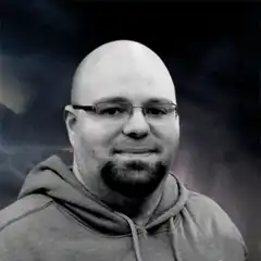 bald man with glowing eyes and lightning