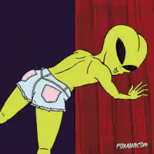 Alien peeking through curtains