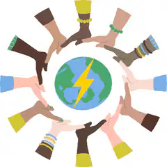 Diverse hands holding globe with lightning bolt