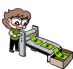 Cartoon character operating money printing machine