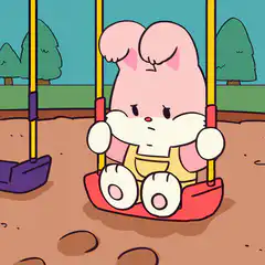 Sad pink rabbit on a swing