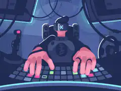 Cyberpunk hacker typing with holographic interface