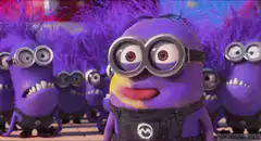Purple minion smiles and laughs