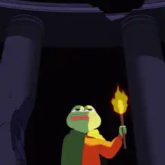 Pepe holding a torch in a dark cave