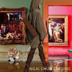 Hooded Archer Walking Past Paintings and Frogs
