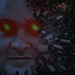 Face disintegrating with glowing eyes