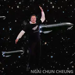 Elon Musk floating in space with Starships
