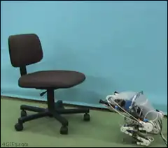 Robot jumps onto office chair