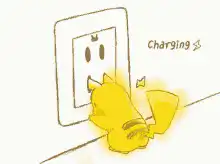 Pikachu charging at a wall outlet