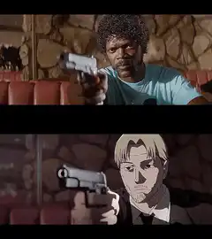 Samuel L. Jackson and Spike Spiegel pointing guns