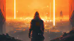 Hooded figure overlooking glowing orange city